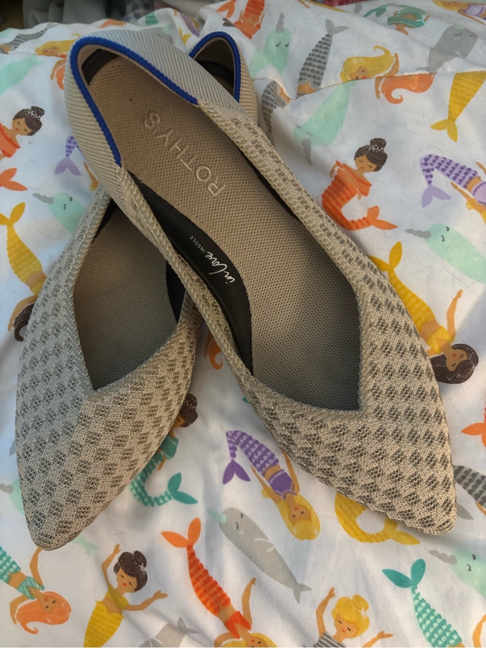Rothy's Pointed Toe Flats in Beige with Blue Trim